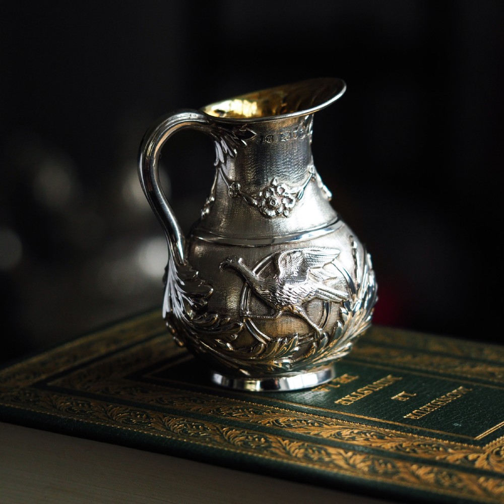 Antique Victorian Solid Silver Milk Pitcher Jug with Ornate Chased Design - London 1863 View V