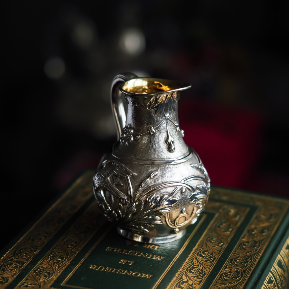 Antique Victorian Solid Silver Milk Pitcher Jug with Ornate Chased Design - London 1863 View VI