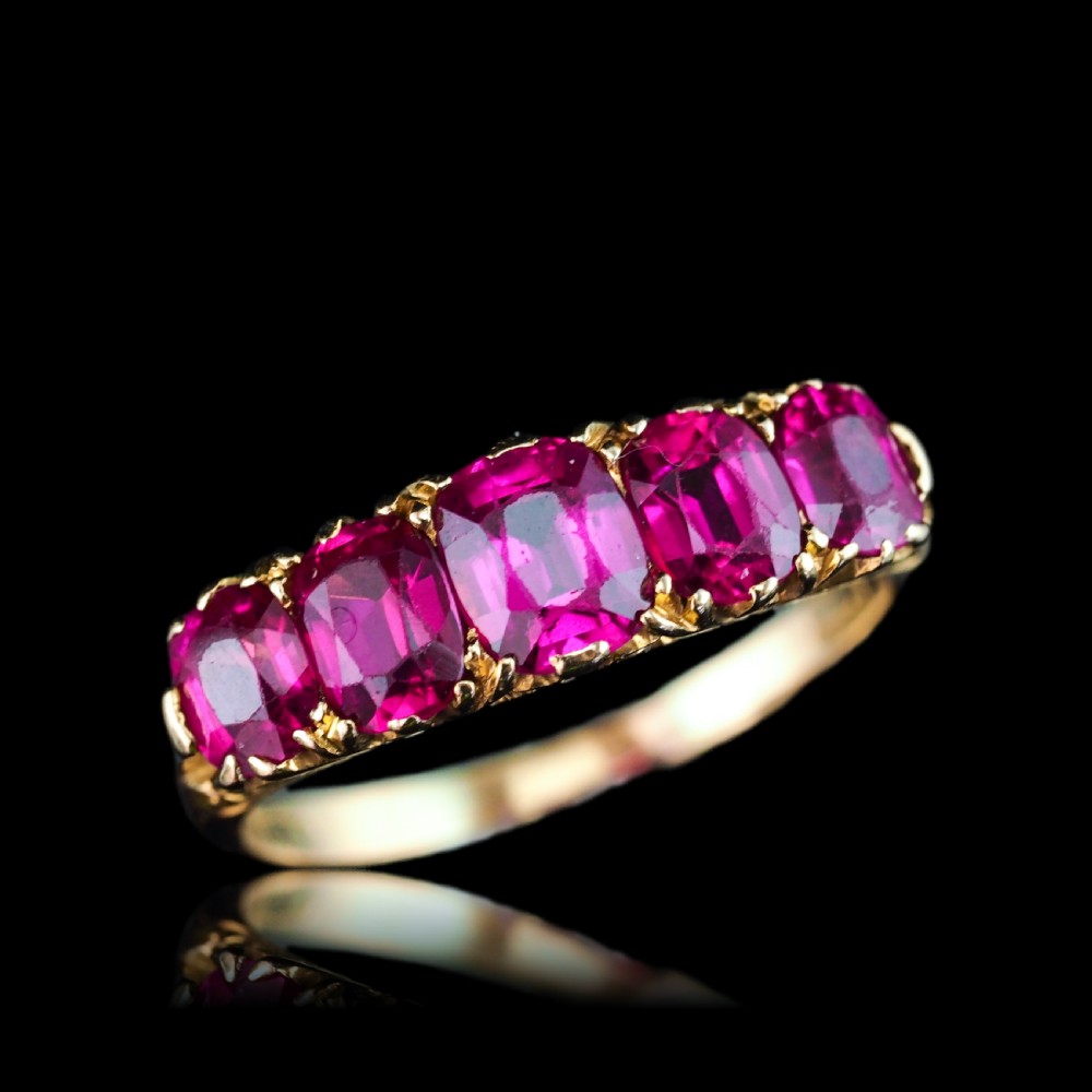 Antique Victorian Ruby Ring 5 Stone Design 18K Gold - c.1900 View II