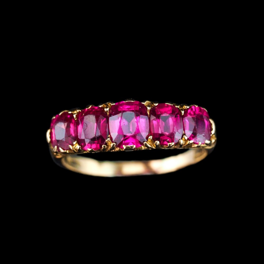 Antique Victorian Ruby Ring 5 Stone Design 18K Gold - c.1900 View IV