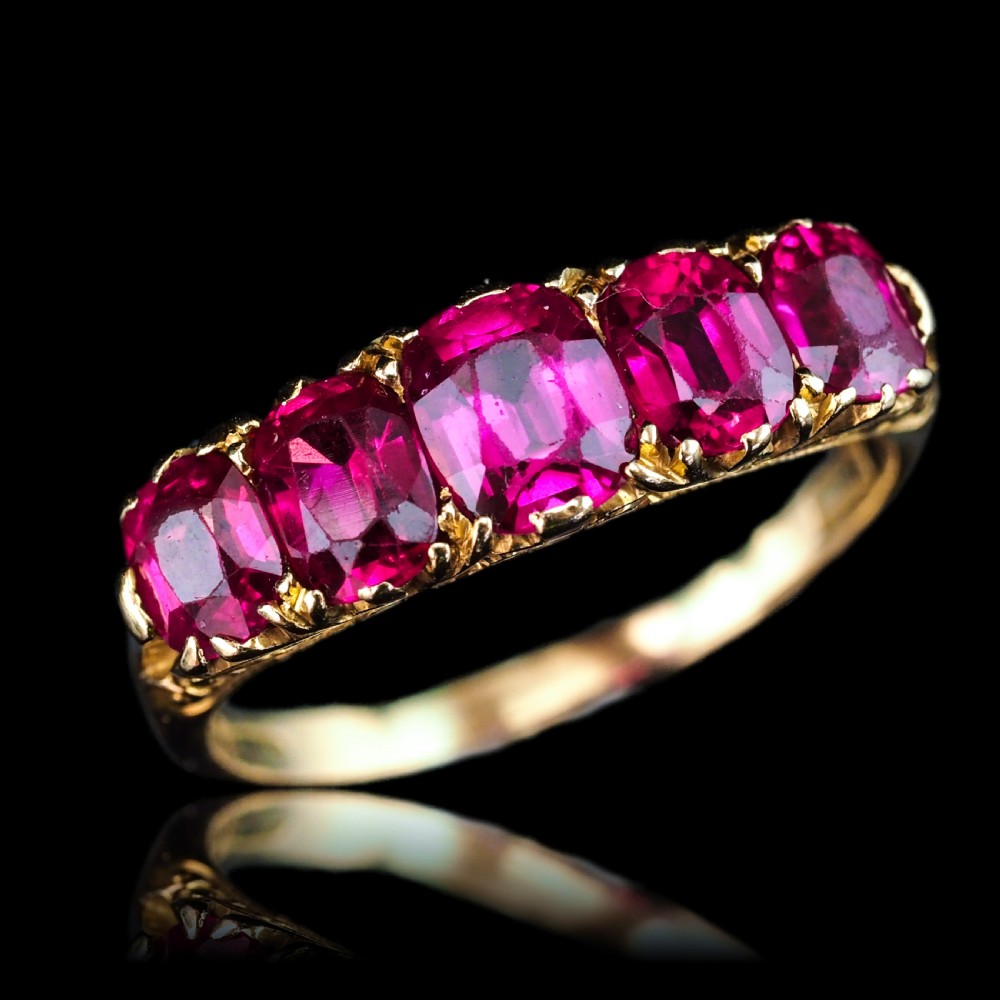 Antique Victorian Ruby Ring 5 Stone Design 18K Gold - c.1900 View VI