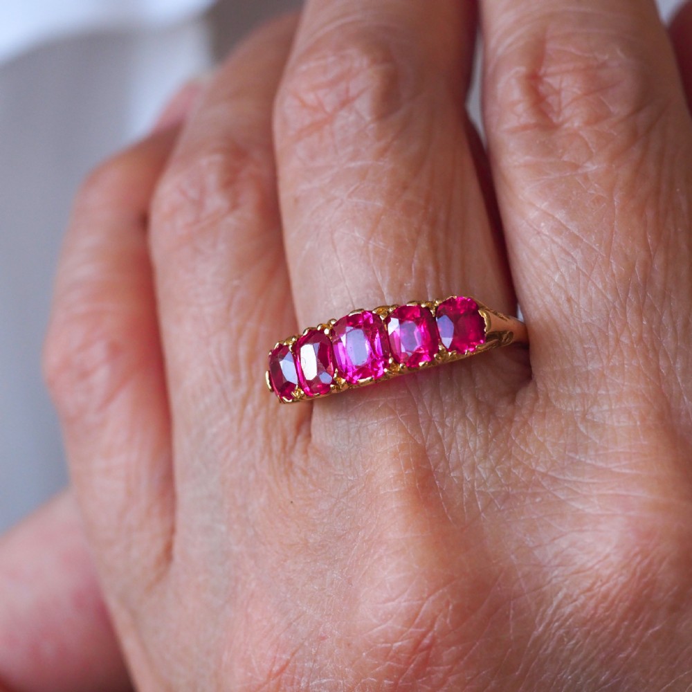 Antique Victorian Ruby Ring 5 Stone Design 18K Gold - c.1900 View VIII