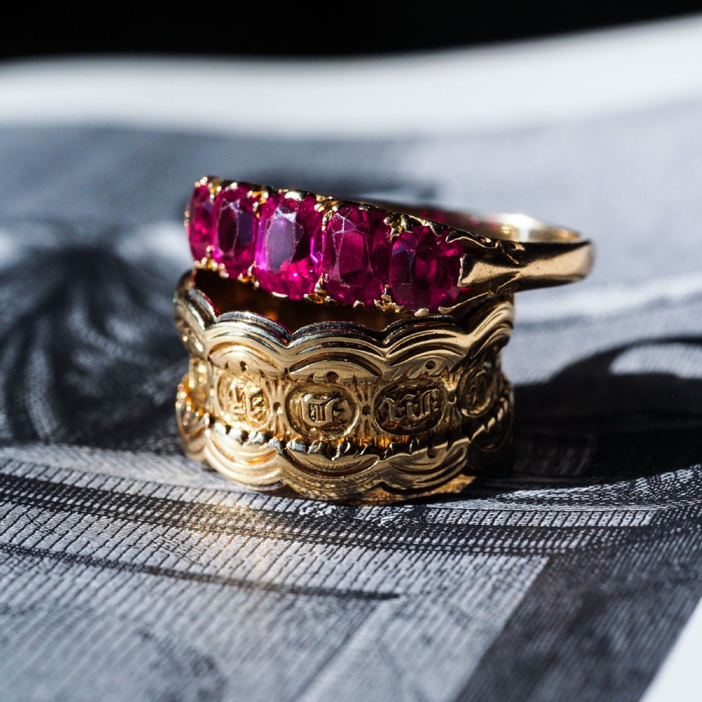 Antique Victorian Ruby Ring 5 Stone Design 18K Gold - c.1900 View XI