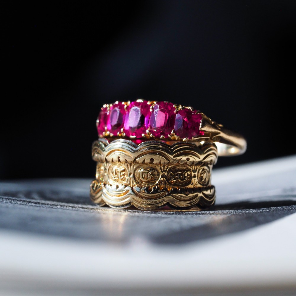 Antique Victorian Ruby Ring 5 Stone Design 18K Gold - c.1900 View XII