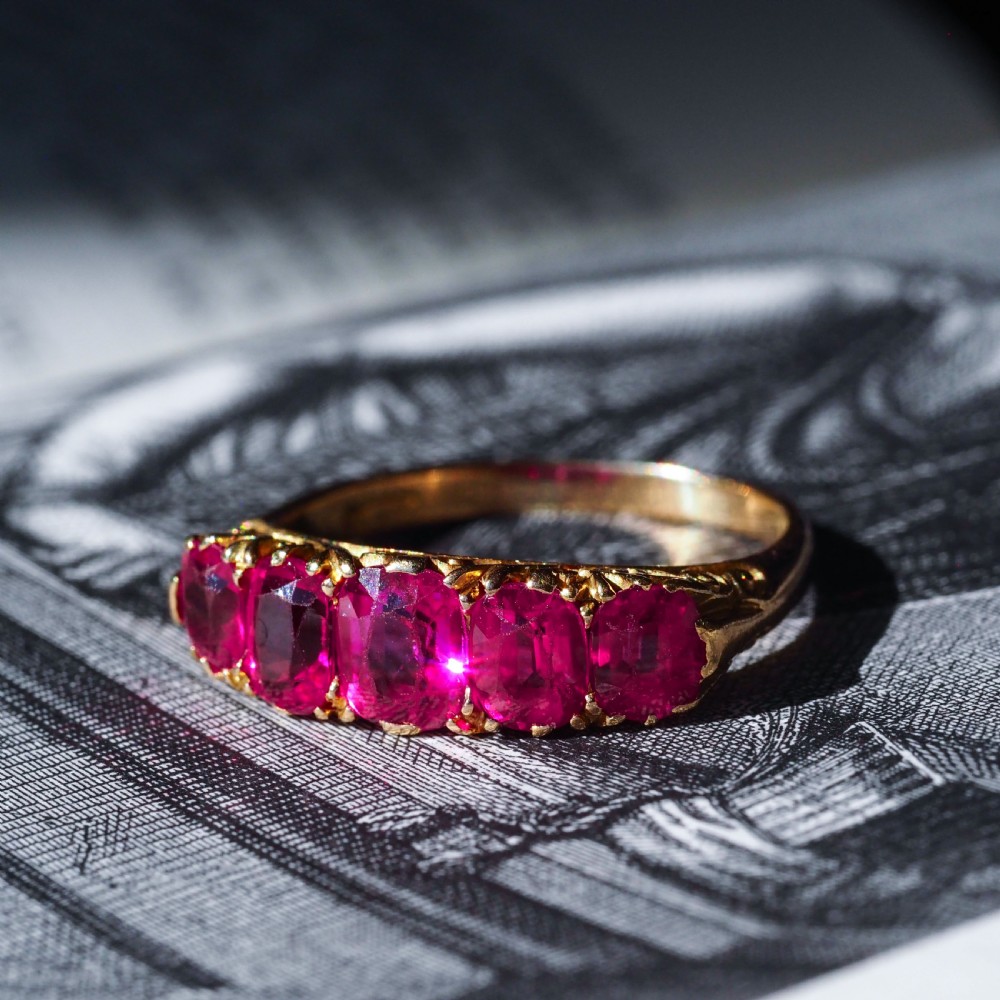 Antique Victorian Ruby Ring 5 Stone Design 18K Gold - c.1900 View XIII