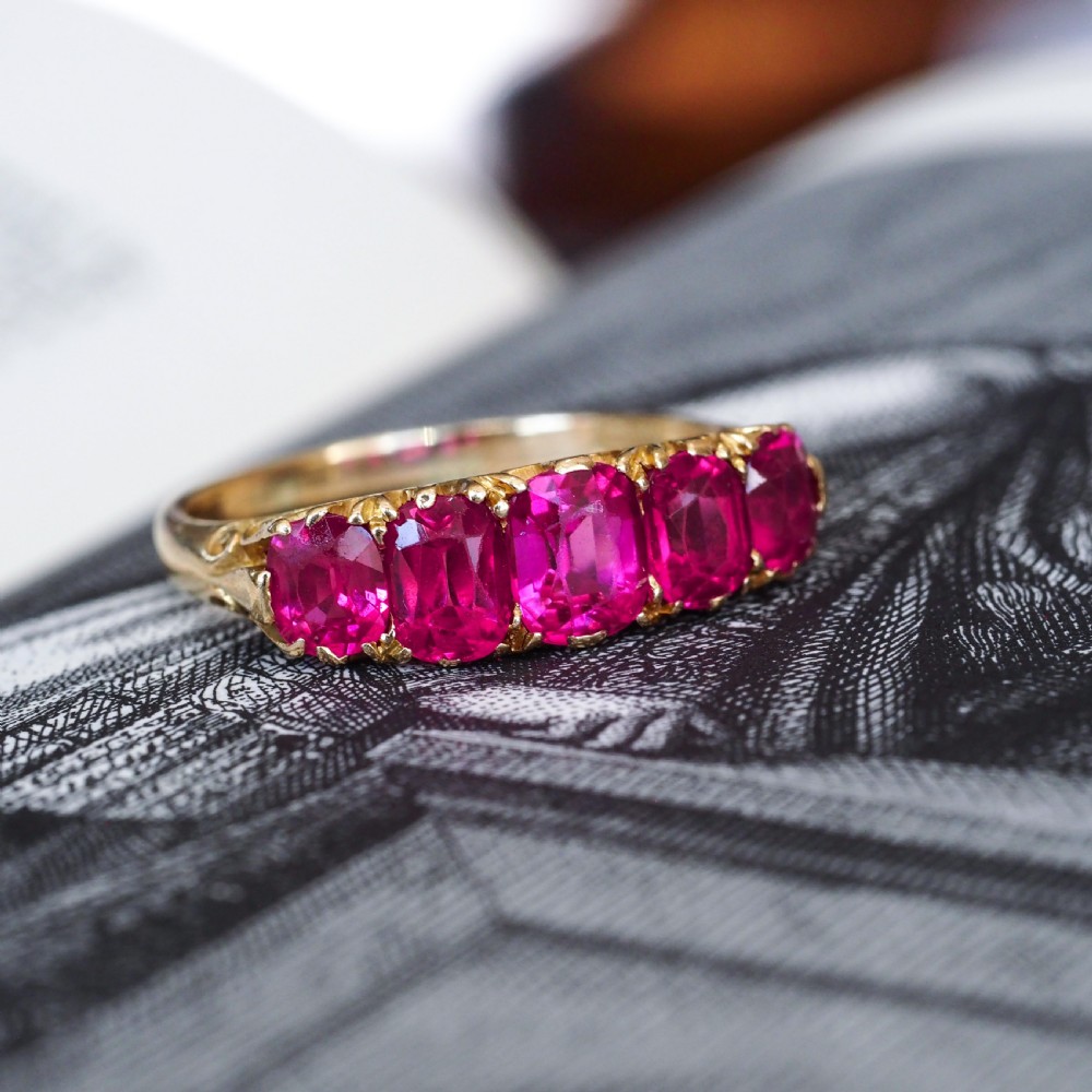 Antique Victorian Ruby Ring 5 Stone Design 18K Gold - c.1900 View XIV