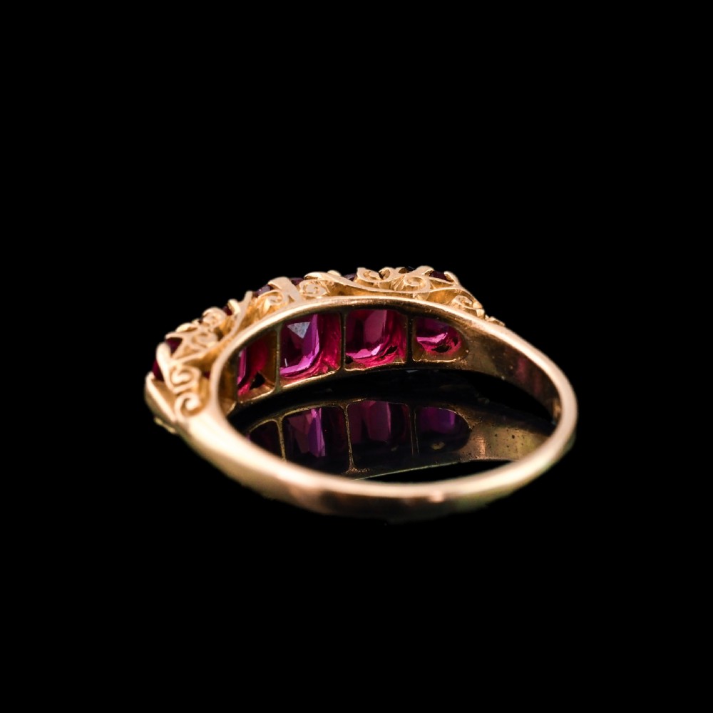 Antique Victorian Ruby Ring 5 Stone Design 18K Gold - c.1900 View XV