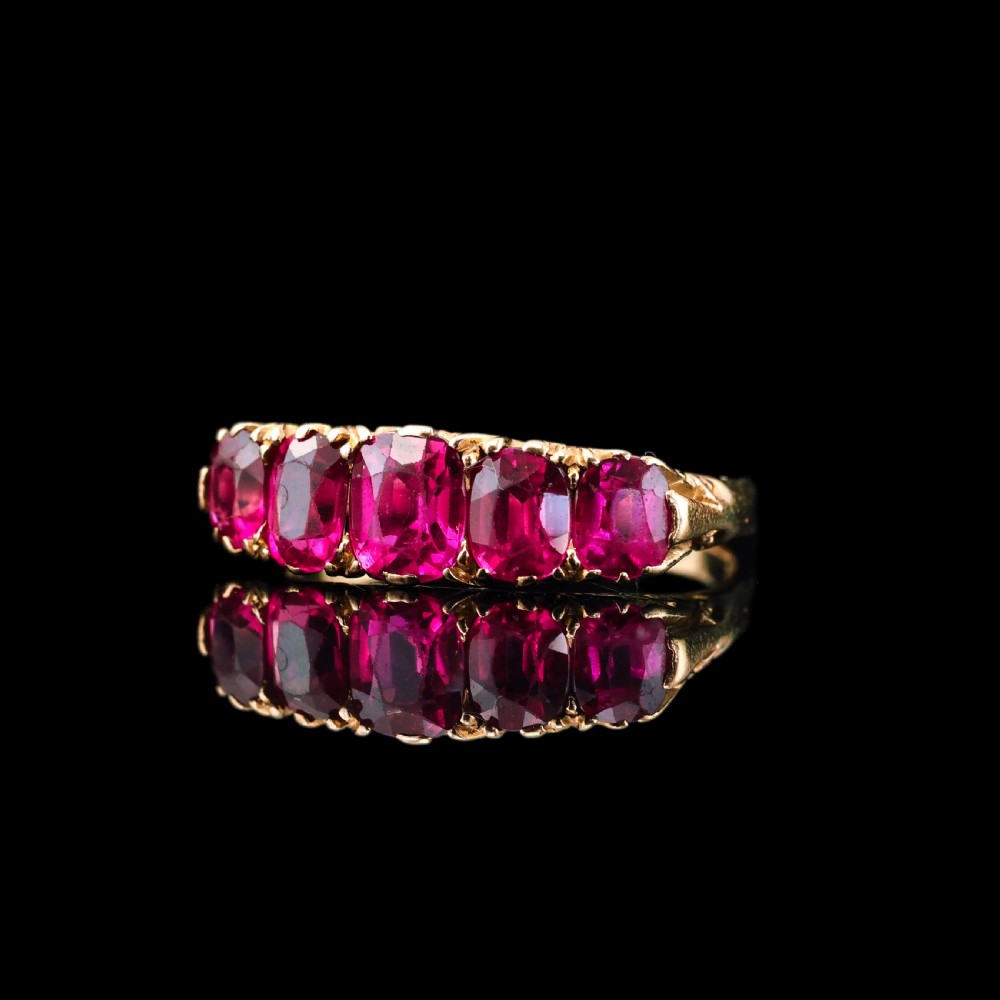 Antique Victorian Ruby Ring 5 Stone Design 18K Gold - c.1900 View XVI