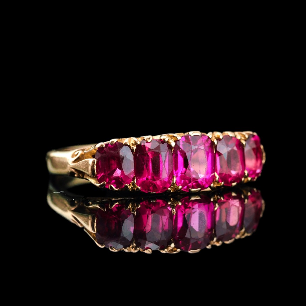 Antique Victorian Ruby Ring 5 Stone Design 18K Gold - c.1900 View XVII