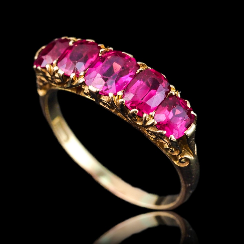 Antique Victorian Ruby Ring 5 Stone Design 18K Gold - c.1900 View XVIII