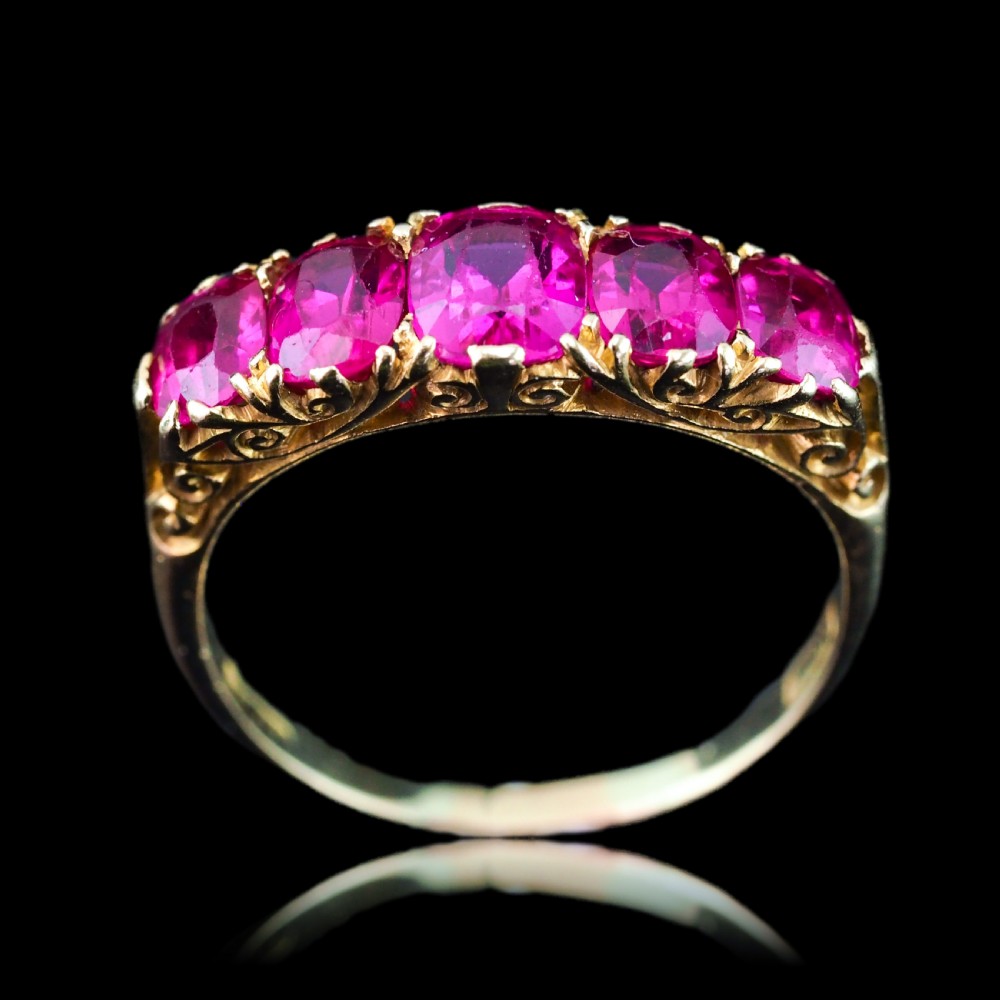 Antique Victorian Ruby Ring 5 Stone Design 18K Gold - c.1900 View XIX