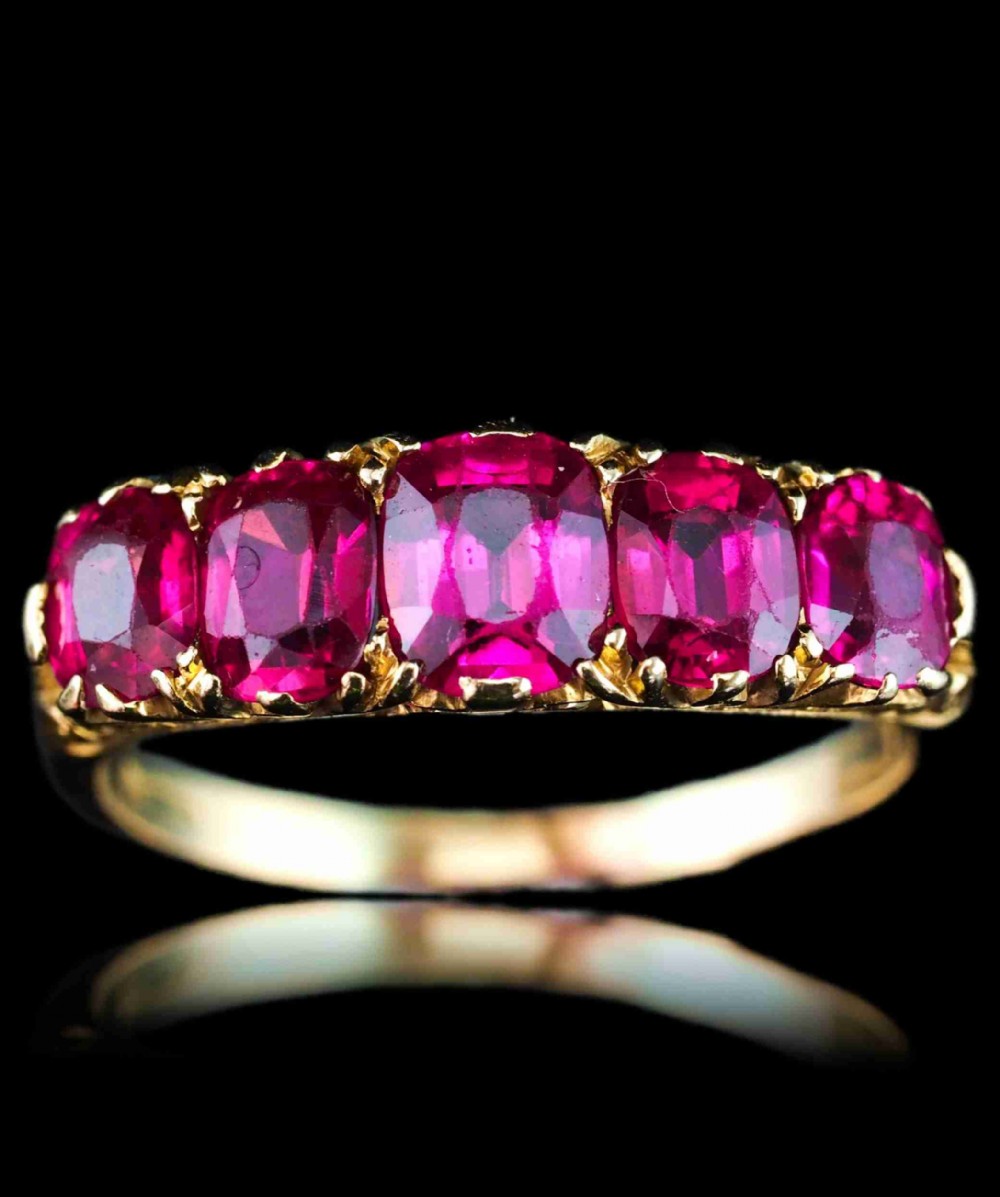 Antique Victorian Ruby Ring 5 Stone Design 18K Gold - c.1900