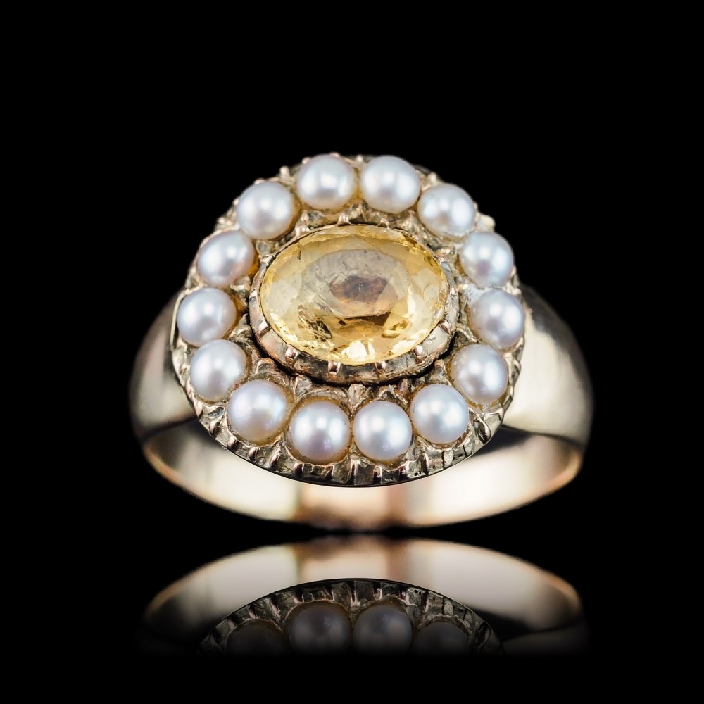 Antique Georgian Citrine & Pearl Cluster Ring 14K Gold - c.1800 View III