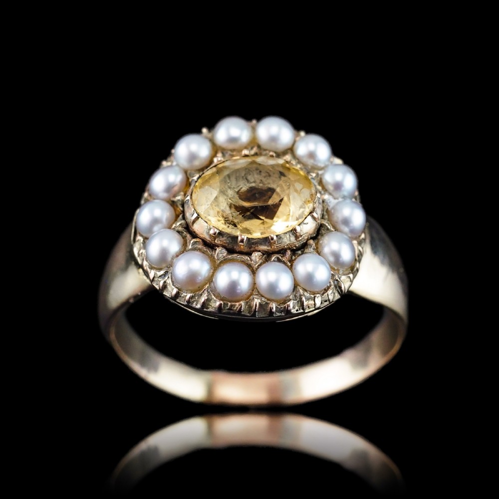 Antique Georgian Citrine & Pearl Cluster Ring 14K Gold - c.1800 View IV