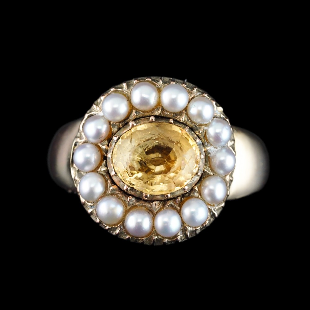 Antique Georgian Citrine & Pearl Cluster Ring 14K Gold - c.1800 View VI