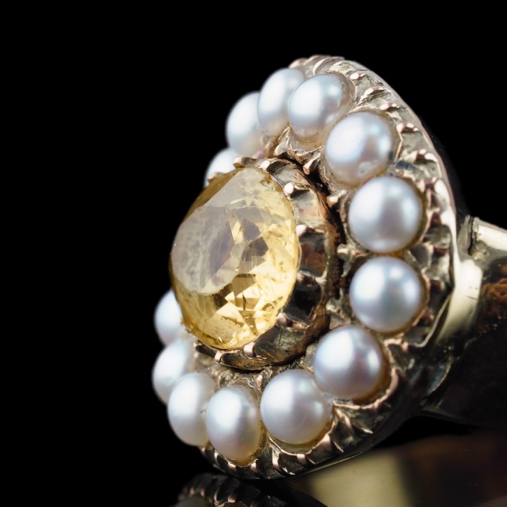 Antique Georgian Citrine & Pearl Cluster Ring 14K Gold - c.1800 View VII
