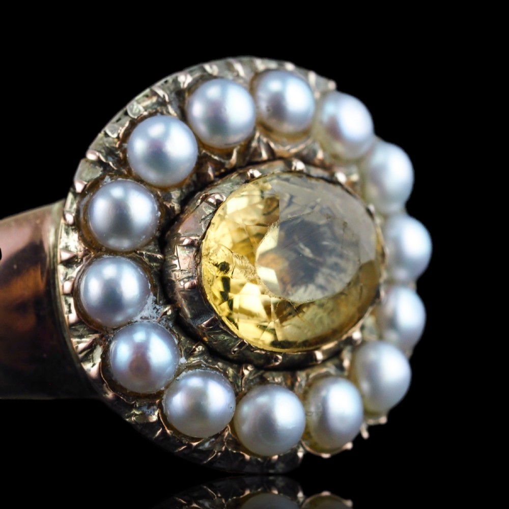 Antique Georgian Citrine & Pearl Cluster Ring 14K Gold - c.1800 View VIII
