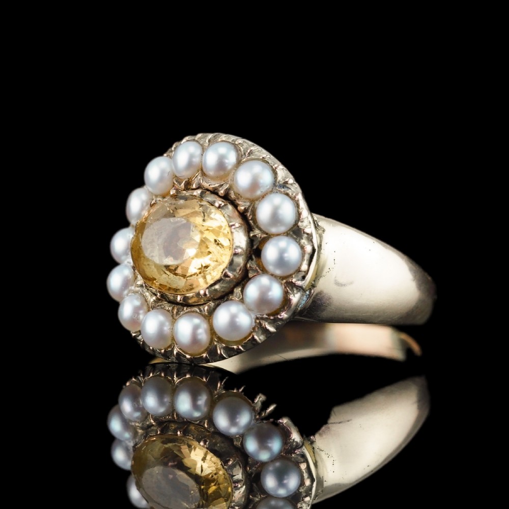 Antique Georgian Citrine & Pearl Cluster Ring 14K Gold - c.1800 View IX