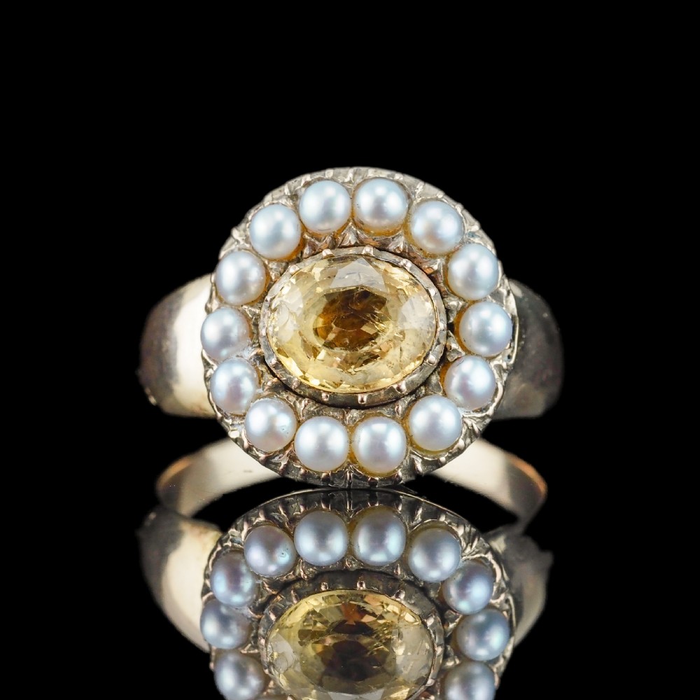 Antique Georgian Citrine & Pearl Cluster Ring 14K Gold - c.1800 View X