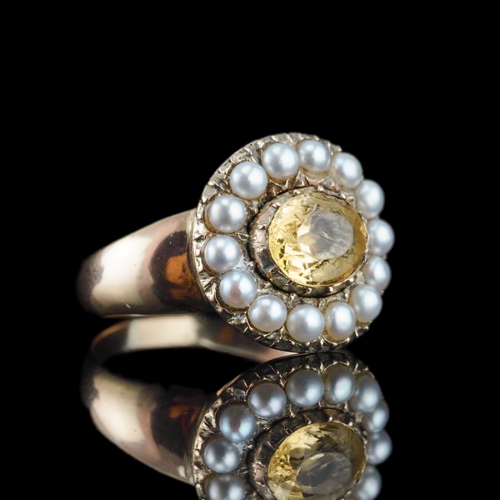 Antique Georgian Citrine & Pearl Cluster Ring 14K Gold - c.1800 View XI