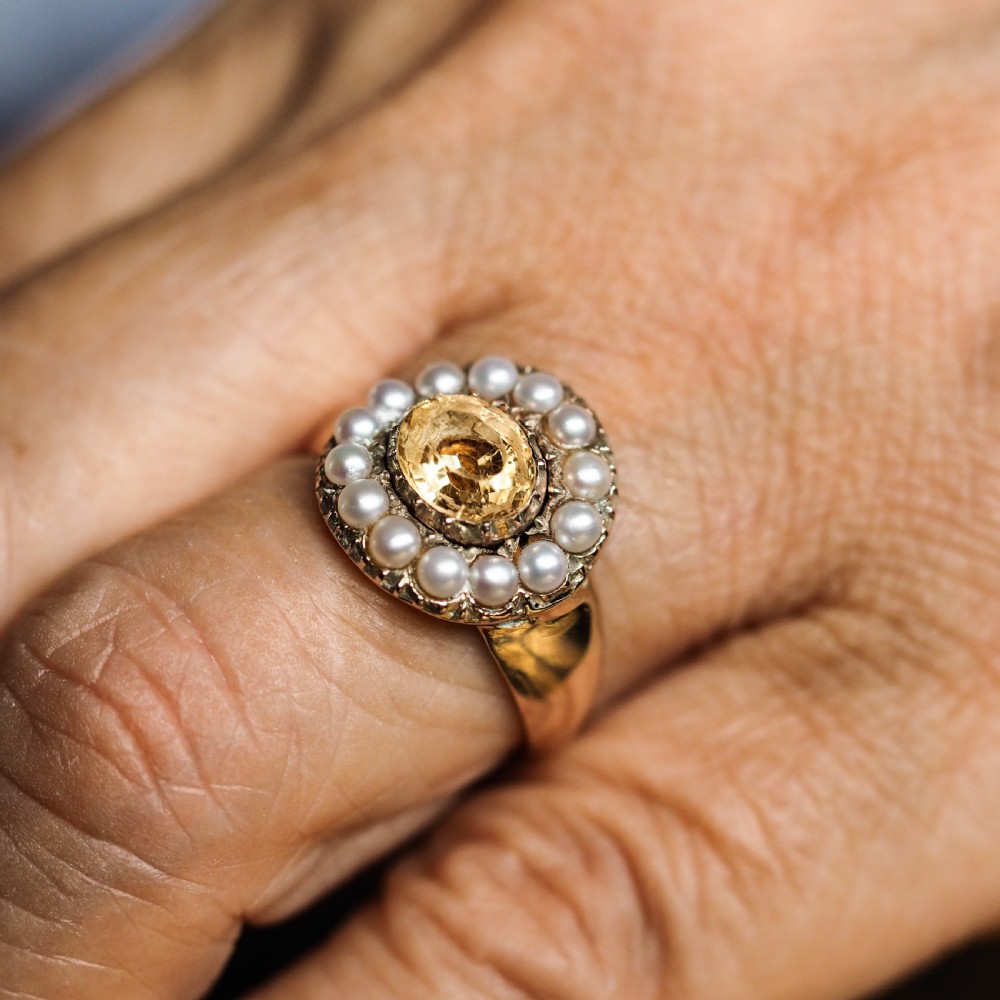 Antique Georgian Citrine & Pearl Cluster Ring 14K Gold - c.1800 View XV