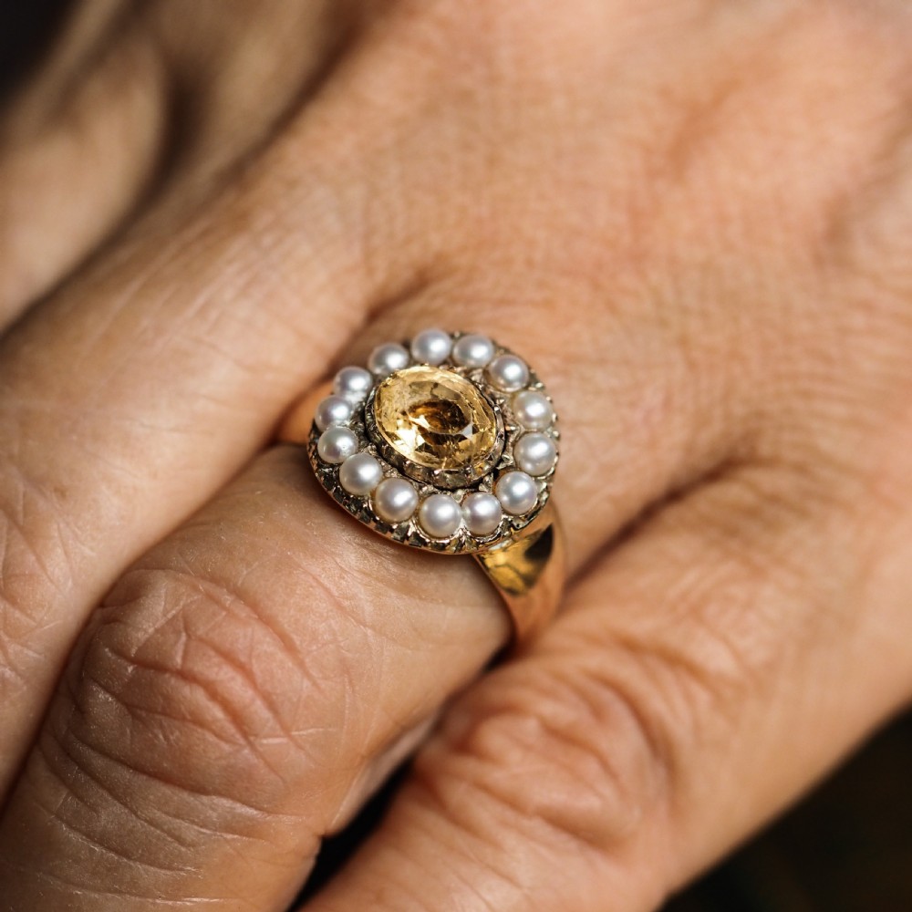 Antique Georgian Citrine & Pearl Cluster Ring 14K Gold - c.1800 View XVI
