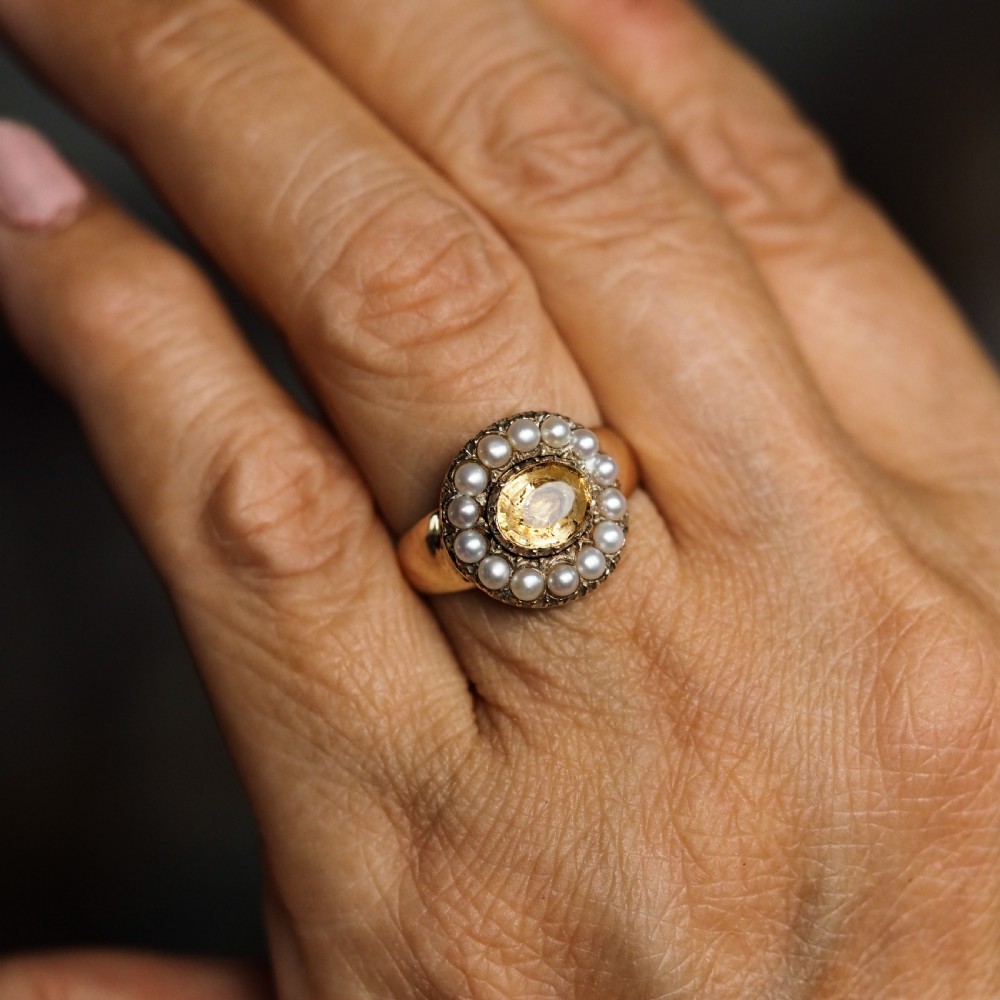 Antique Georgian Citrine & Pearl Cluster Ring 14K Gold - c.1800 View XVIII