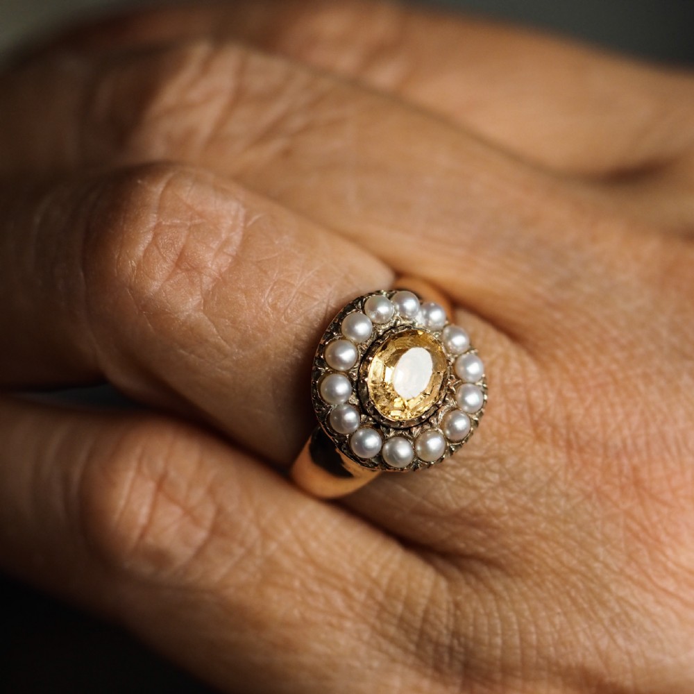 Antique Georgian Citrine & Pearl Cluster Ring 14K Gold - c.1800 View XIX