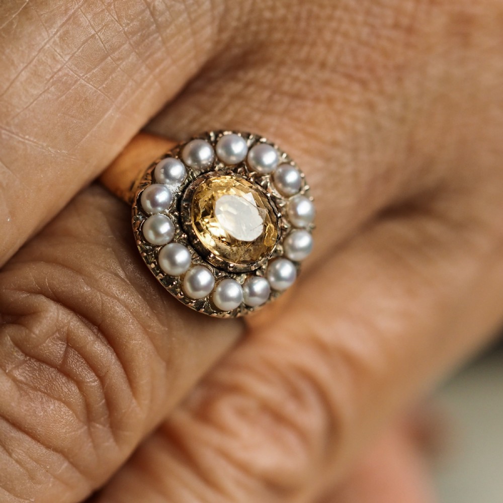 Antique Georgian Citrine & Pearl Cluster Ring 14K Gold - c.1800 View XX
