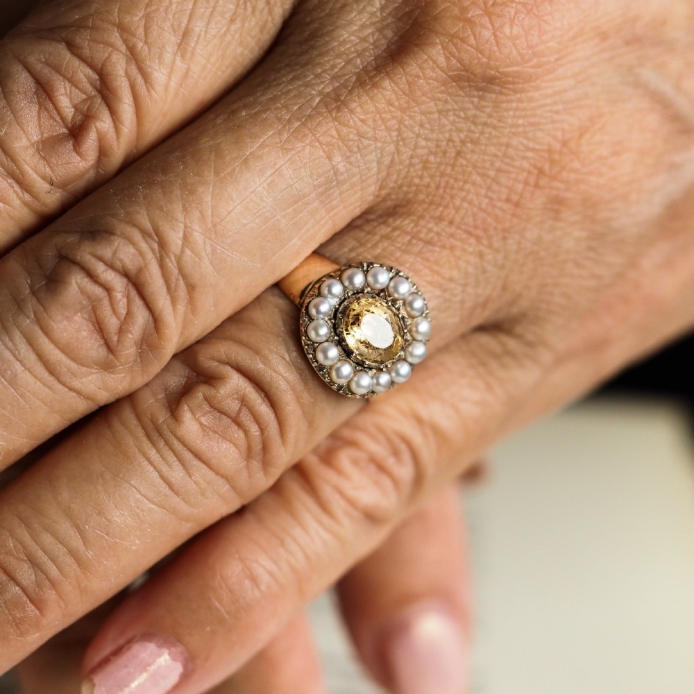 Antique Georgian Citrine & Pearl Cluster Ring 14K Gold - c.1800 View XXI