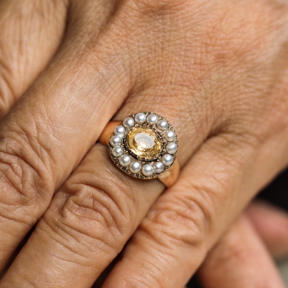 Antique Georgian Citrine & Pearl Cluster Ring 14K Gold - c.1800 View XXII