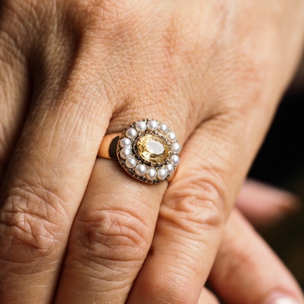 Antique Georgian Citrine & Pearl Cluster Ring 14K Gold - c.1800 View XXIII