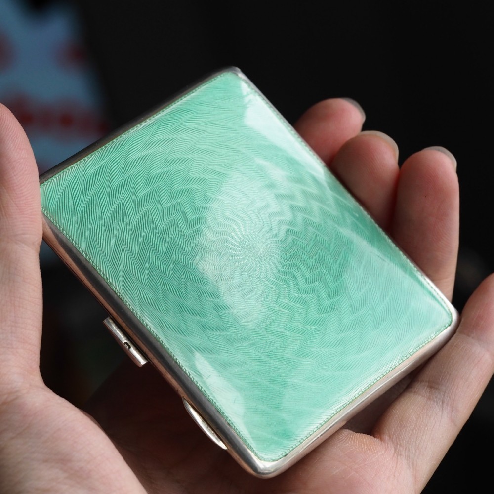 Sterling Silver Cigarette Case with Green Enamel Guilloche - William Neale & Son Ltd 1929