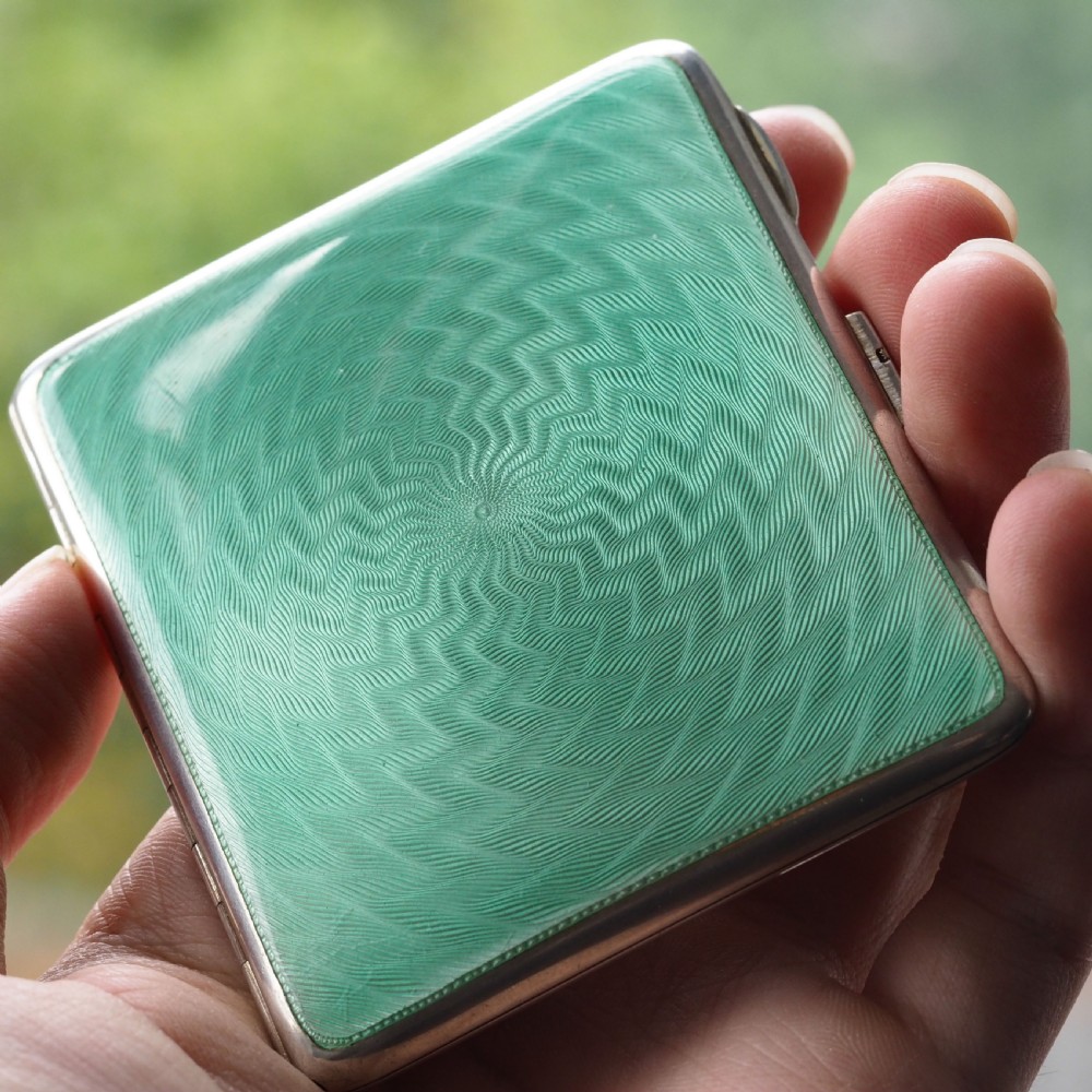 Sterling Silver Cigarette Case with Green Enamel Guilloche - William Neale & Son Ltd 1929 View II