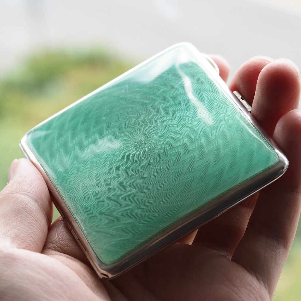 Sterling Silver Cigarette Case with Green Enamel Guilloche - William Neale & Son Ltd 1929 View III