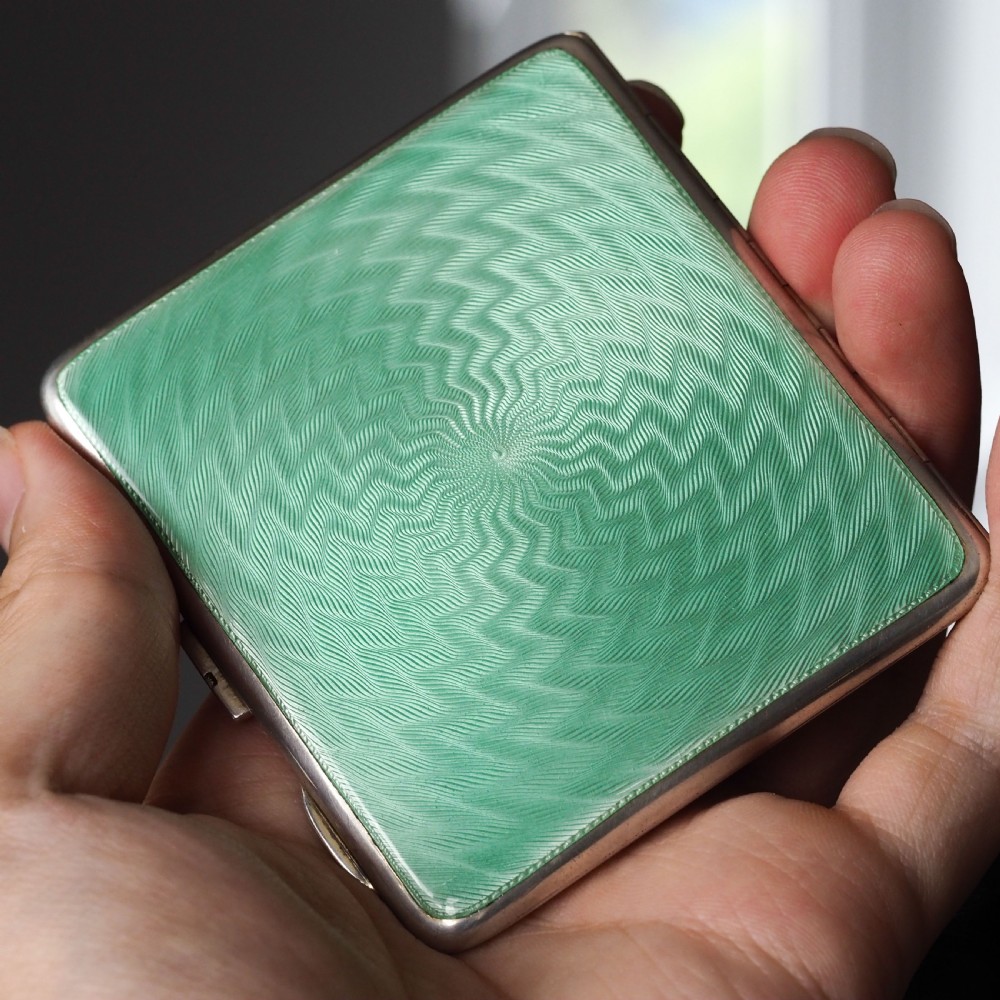 Sterling Silver Cigarette Case with Green Enamel Guilloche - William Neale & Son Ltd 1929 View V