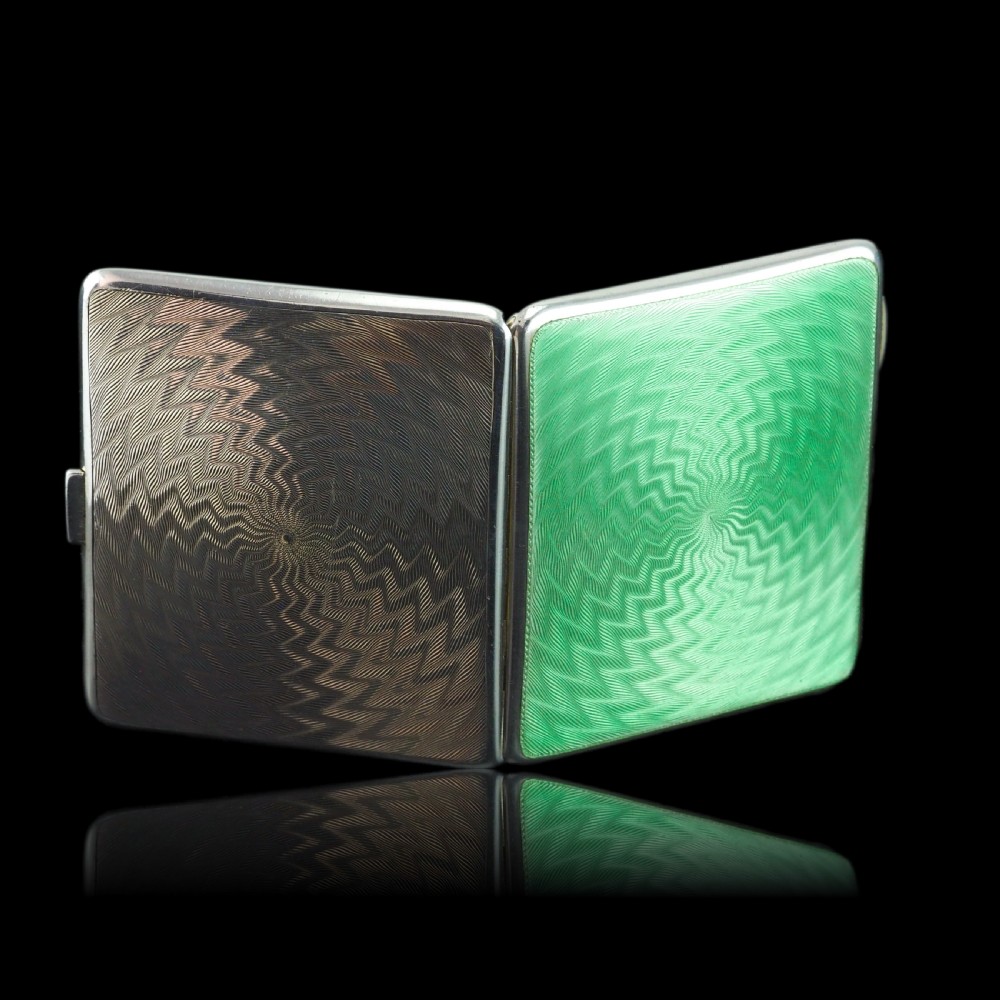 Sterling Silver Cigarette Case with Green Enamel Guilloche - William Neale & Son Ltd 1929 View XV