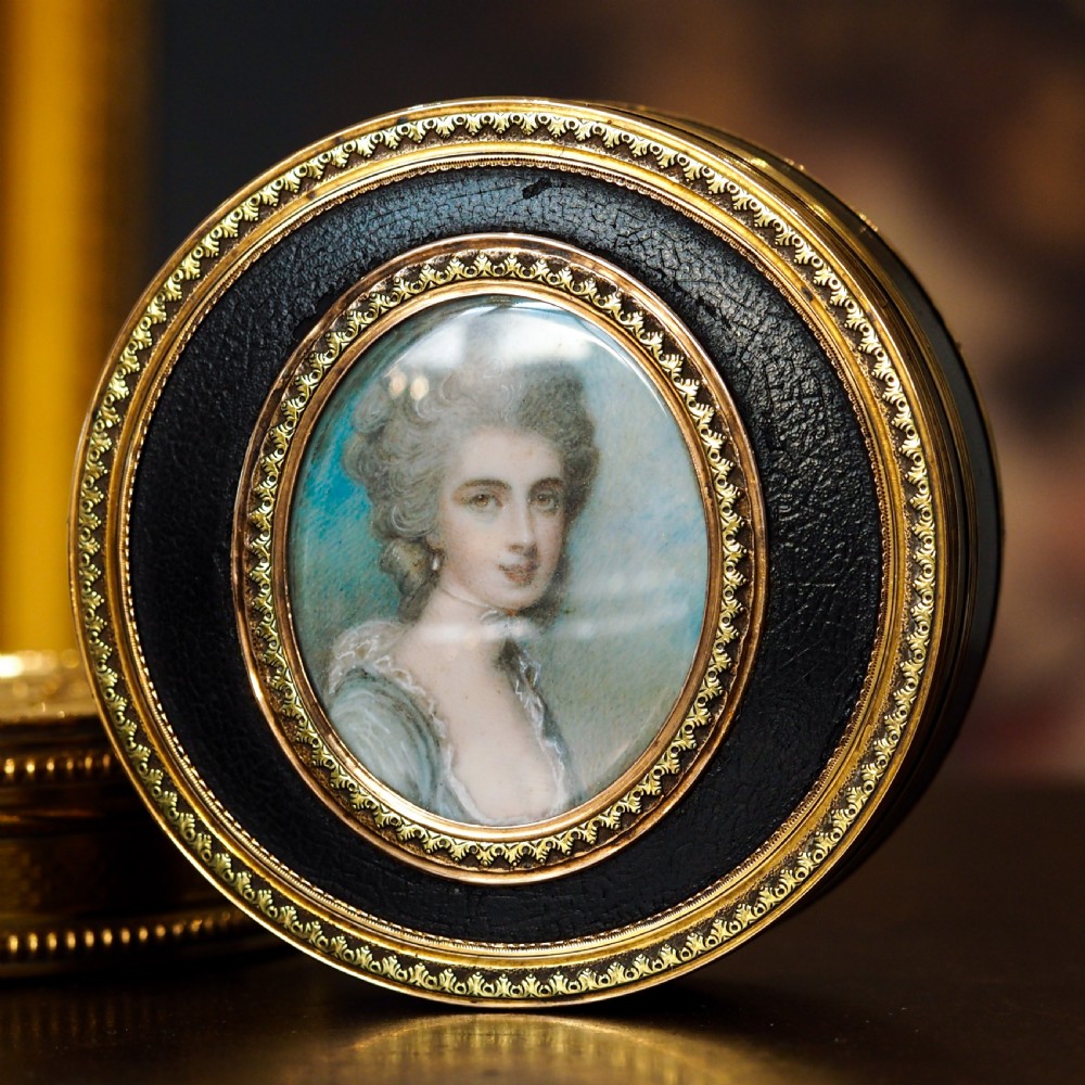 Antique French Gold Mounted Circular Snuff/Tobacco Box, Portrait of a Lady in the Manner of Cosway - 18th c.