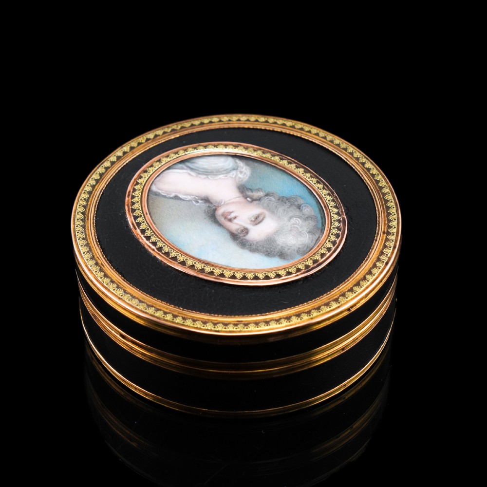 Antique French Gold Mounted Circular Snuff/Tobacco Box, Portrait of a Lady in the Manner of Cosway - 18th c. View XXIV