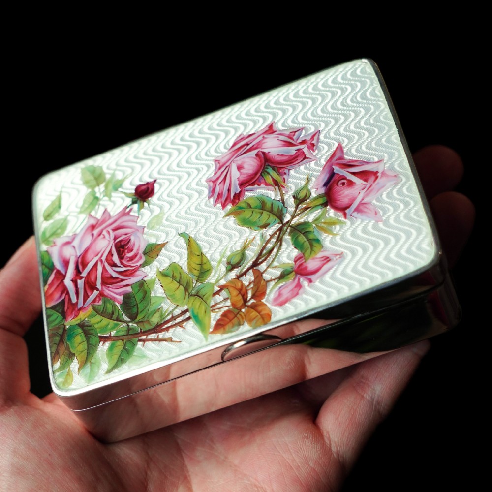 Antique Large Solid Silver Enamel Box Guilloche and Rose Design - Steinhart & Co 1904 View VII