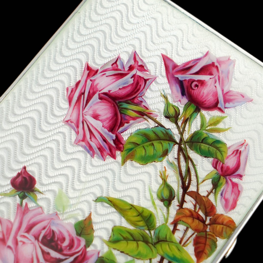Antique Large Solid Silver Enamel Box Guilloche and Rose Design - Steinhart & Co 1904 View V