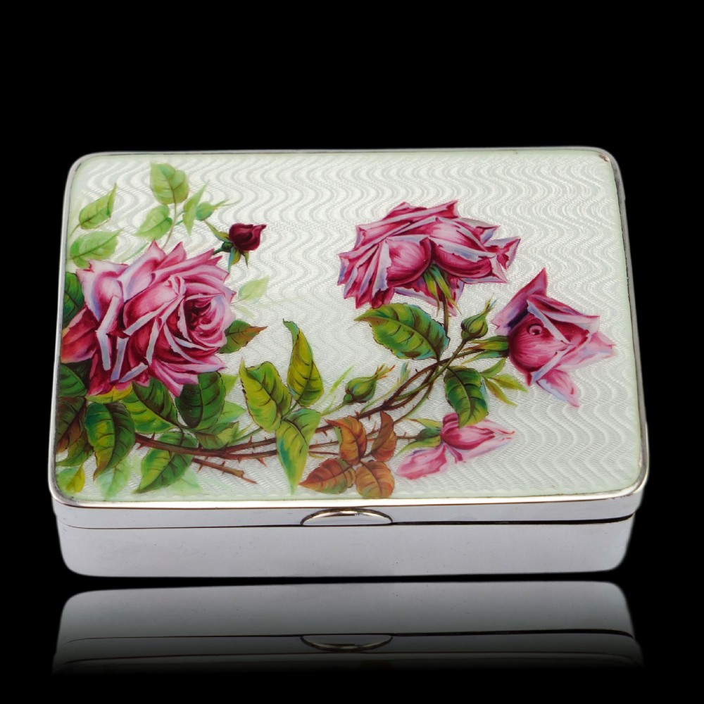 Antique Large Solid Silver Enamel Box Guilloche and Rose Design - Steinhart & Co 1904