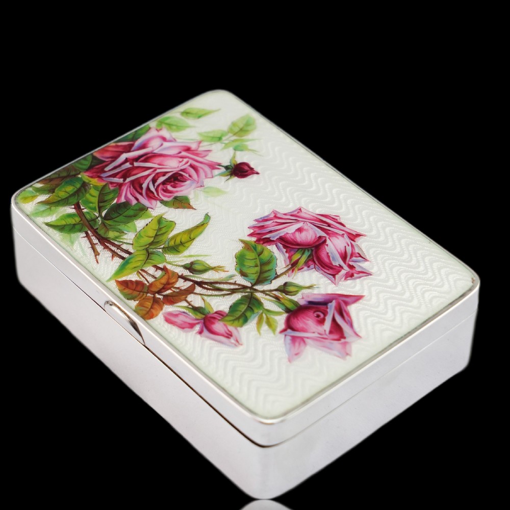 Antique Large Solid Silver Enamel Box Guilloche and Rose Design - Steinhart & Co 1904 View XV