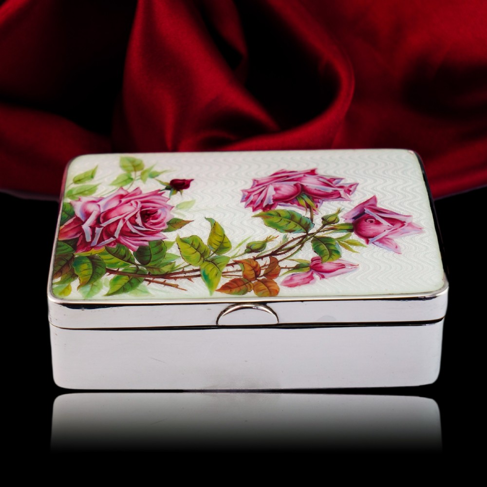 Antique Large Solid Silver Enamel Box Guilloche and Rose Design - Steinhart & Co 1904 View XVII
