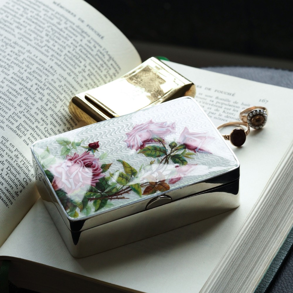 Antique Large Solid Silver Enamel Box Guilloche and Rose Design - Steinhart & Co 1904 View XX