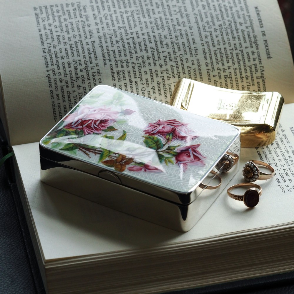 Antique Large Solid Silver Enamel Box Guilloche and Rose Design - Steinhart & Co 1904 View XXI