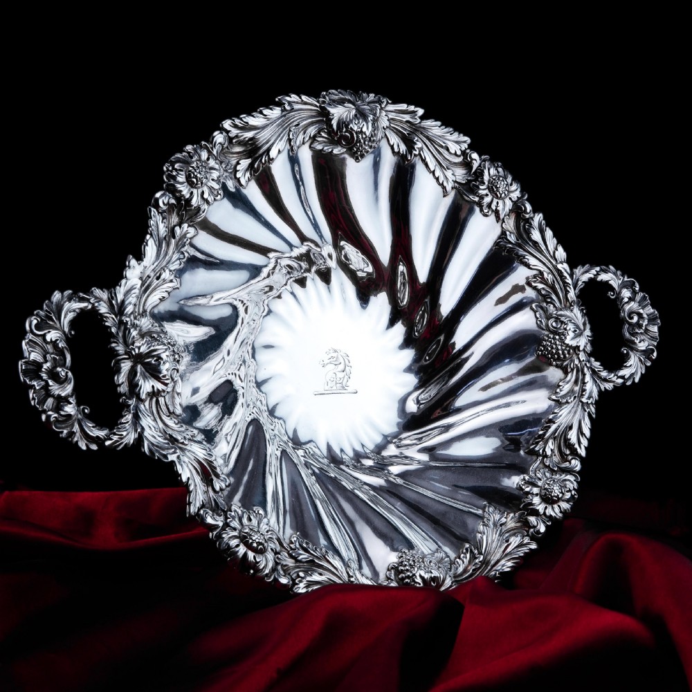 Antique Solid Silver Georgian Bowl, Twin Handle Wrythen & Profusely Chased Motifs - Edward Edwards 1834 View II