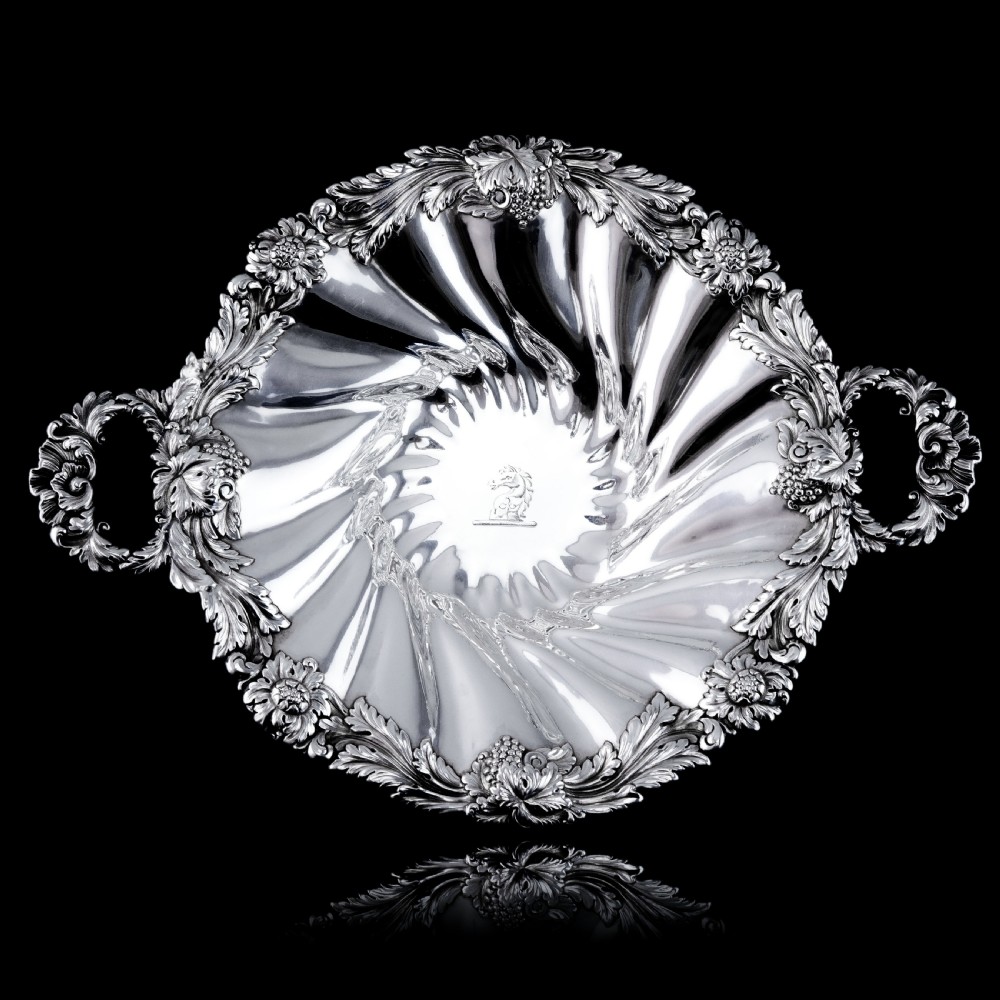 Antique Solid Silver Georgian Bowl, Twin Handle Wrythen & Profusely Chased Motifs - Edward Edwards 1834 View XV