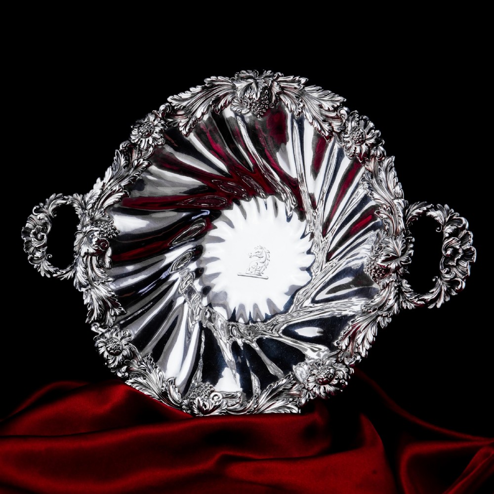 Antique Solid Silver Georgian Bowl, Twin Handle Wrythen & Profusely Chased Motifs - Edward Edwards 1834 View XXVI