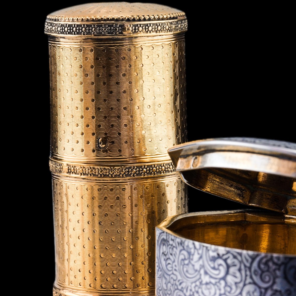 A small cylindrical French silver gilt etui featuring intricate engine-turned guilloche wave patterns and textured borders. View VI